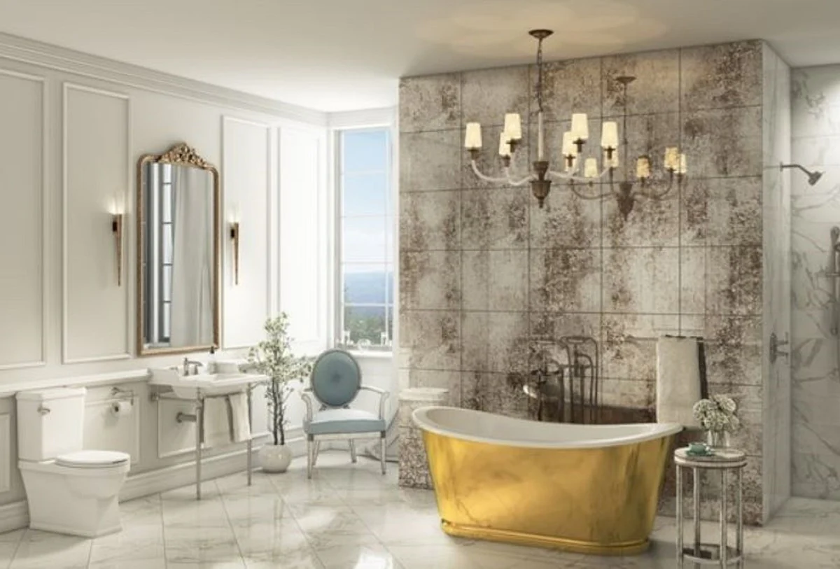 Luxus Jugendstil Badewanne Gold / Weiß 167,5 x 76,1 x H. 71,1 cm - Freistehende Retro Badewanne - Luxus Jugendstil Badezimmer Möbel