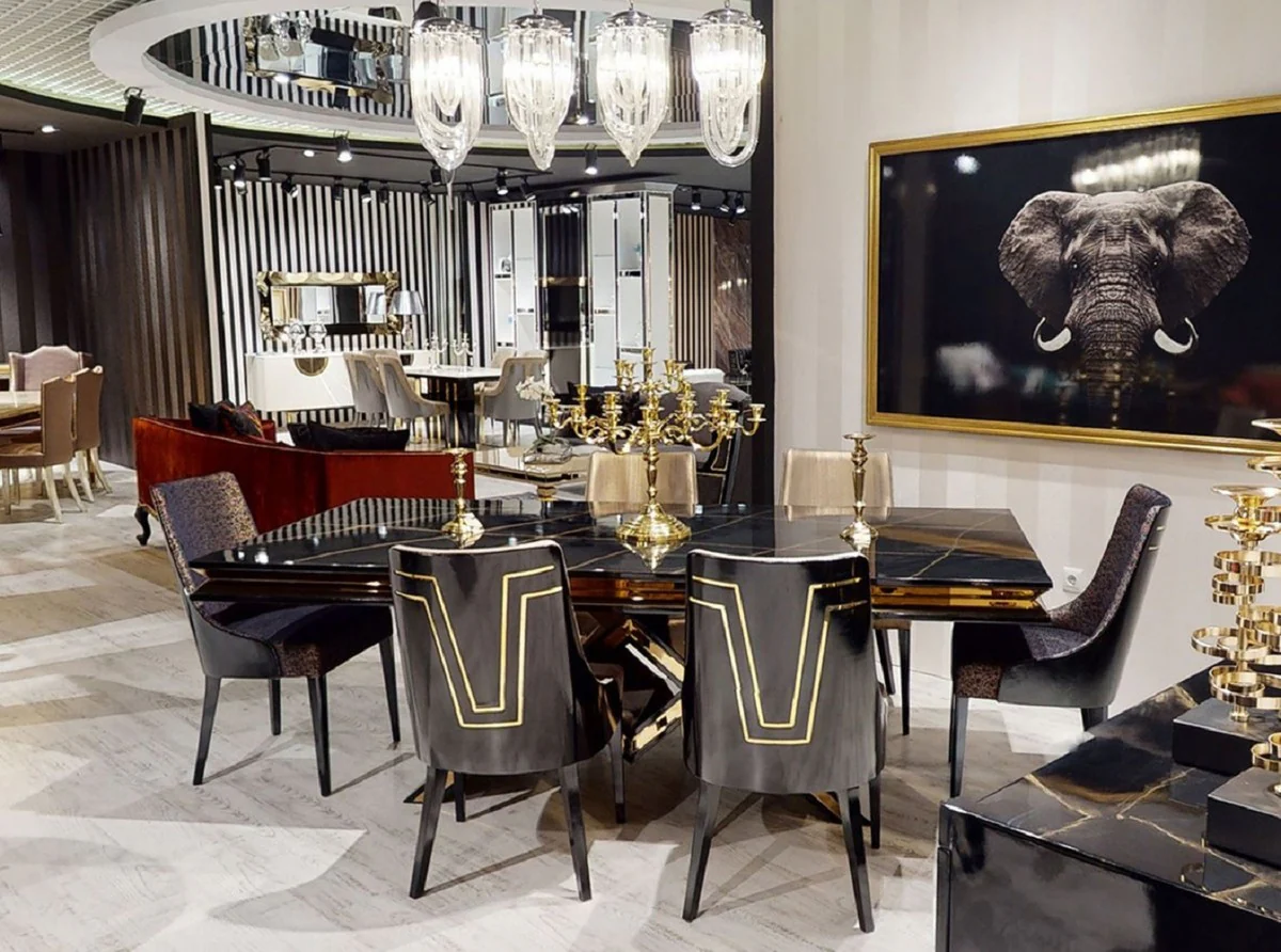 Luxus Art Deco Esszimmer Stuhl Set Schwarz / Gold - Küchen Stühle 6er Set - Art Deco Esszimmer Möbel - Luxus Qualität