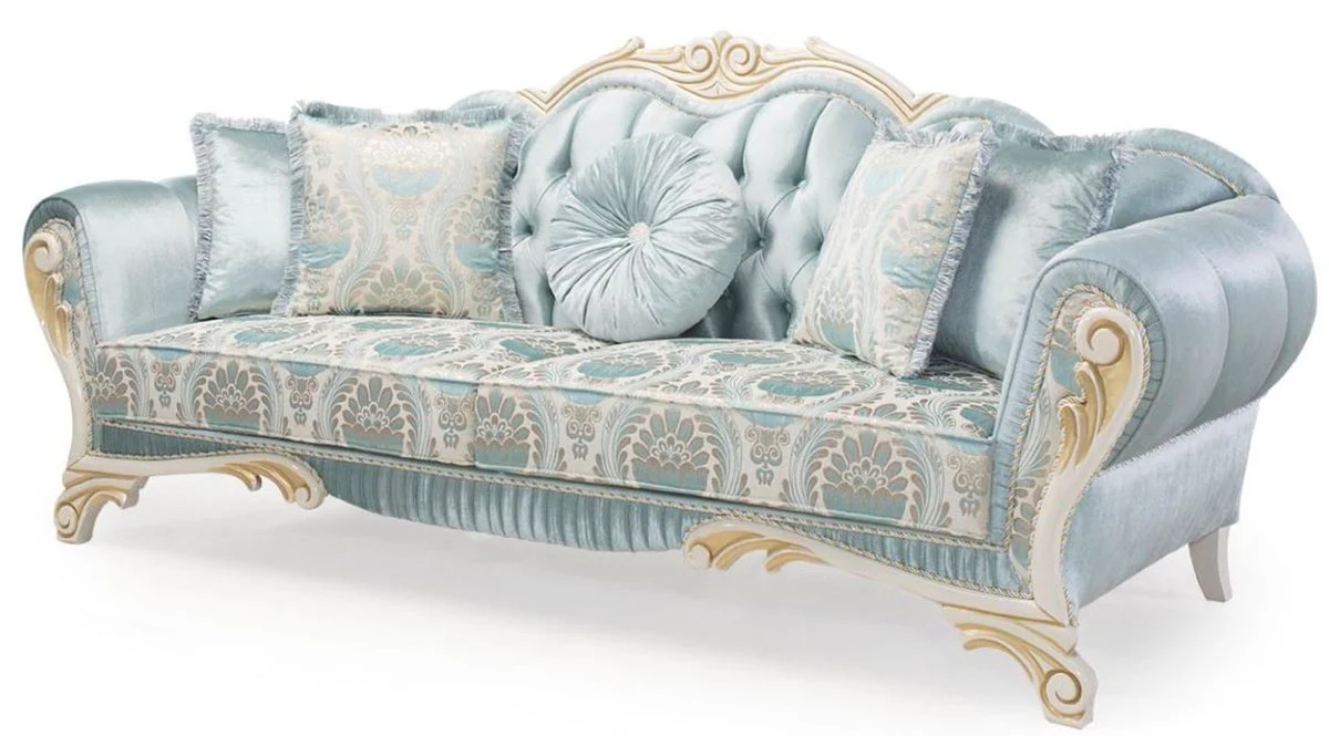 Luxus Barock Sofa mit dekorativen Kissen Türkis / Creme / Gold 234 x 87 x H. 99 cm - Wohnzimmermöbel im Barockstil