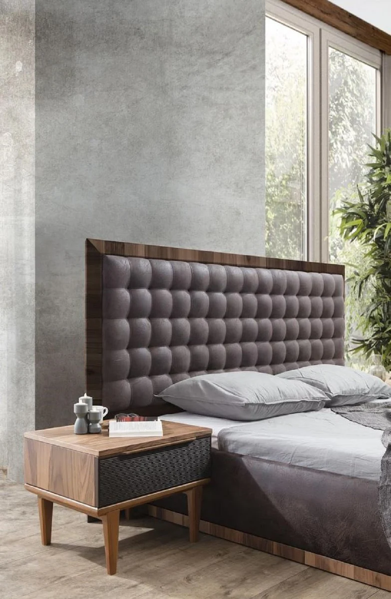 Luxus Massivholz Schlafzimmer Set Grau / Braun - 1 Doppelbett mit Kopfteil & 2 Nachttische - Luxus Schlafzimmer Möbel