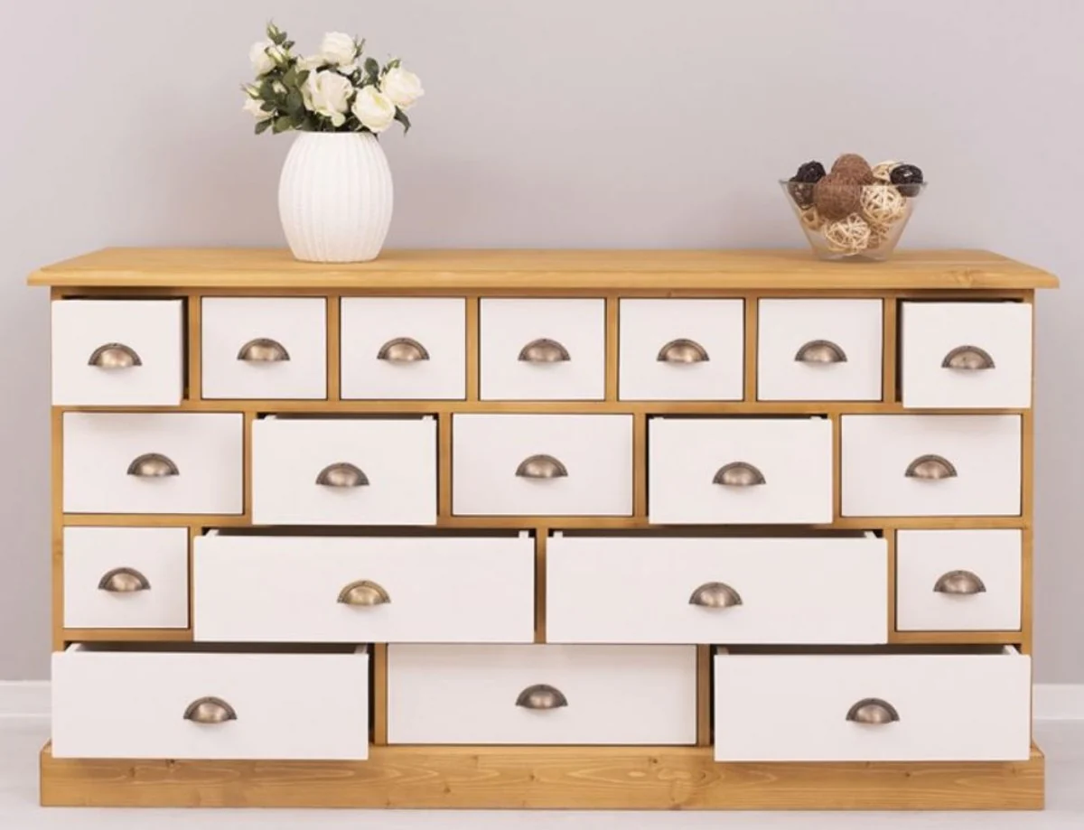 Landhausstil Kommode Naturfarben / Weiß 180 x 48 x H. 95 cm - Massivholz Schrank mit 19 Schubladen - Landhausstil Möbel - Möbel im Landhausstil - Landhausstil Einrichtung