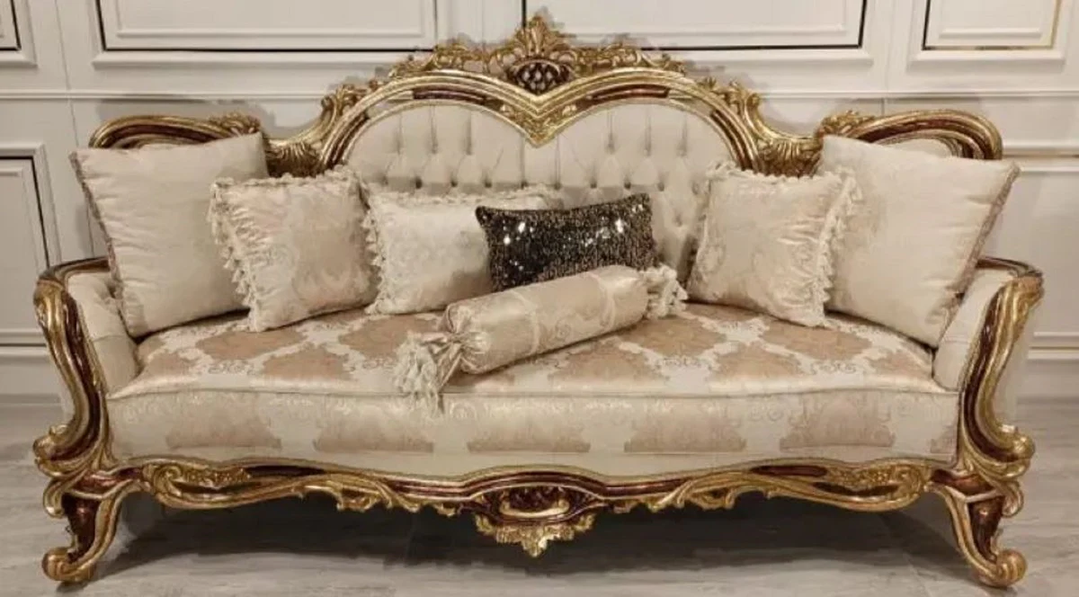 Luxus Barock Sofa Cremefarben / Braun / Gold - Prunkvolles Wohnzimmer Sofa mit elegantem Muster - Barock Möbel - Edel & Prunkvoll