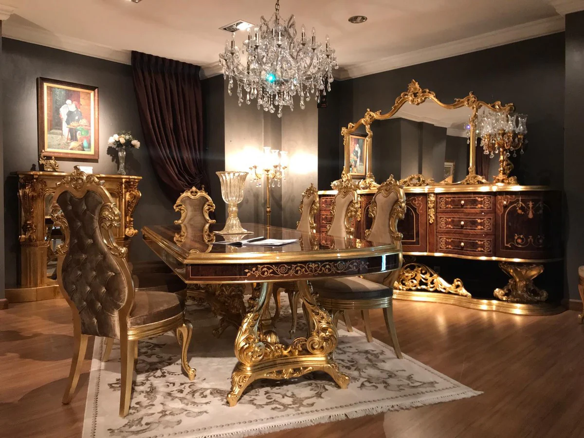 Luxus Barock Esszimmer Set Braun / Antik Gold - 1 Esstisch & 8 Esszimmerstühle - Esszimmer Möbel im Barockstil - Edel & Prunkvoll