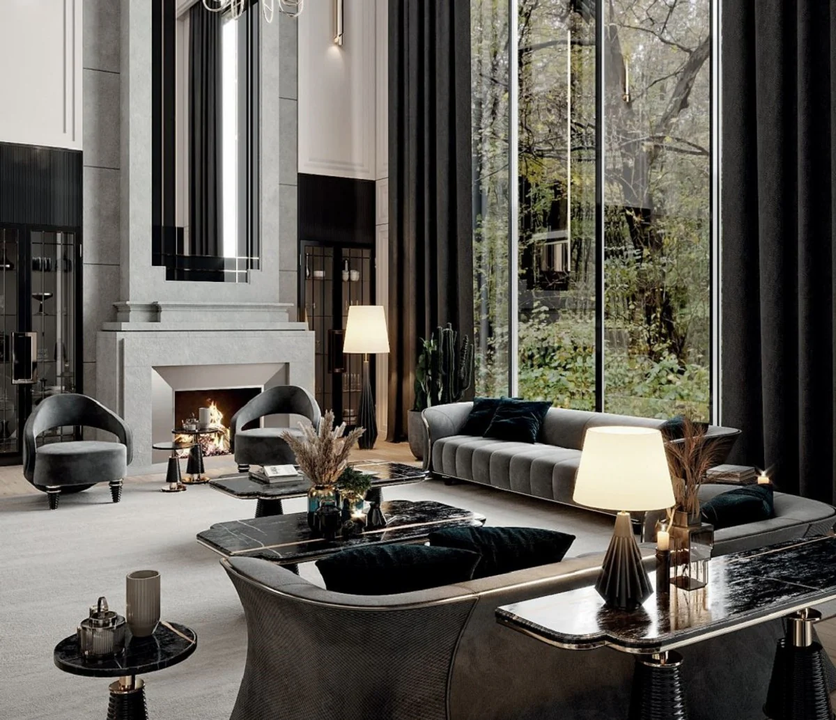 Luxus Couchtisch Schwarz / Gold 150 x 80 x H. 42,5 cm - Wohnzimmertisch mit Kunstmarmor Tischplatte - Luxus Wohnzimmer Möbel - Hotel Möbel - Luxus Einrichtung - Hotel Einrichtung