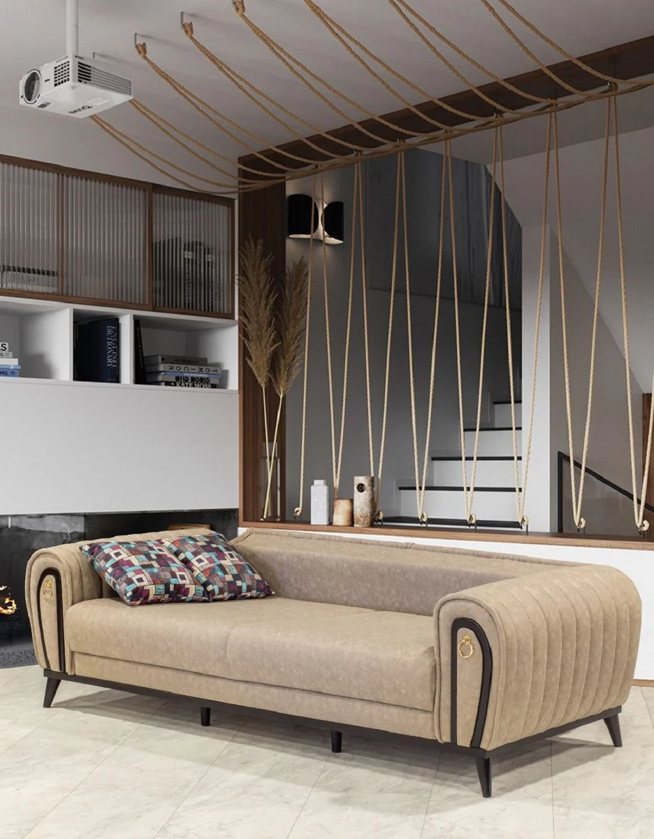 Luxus Schlafsofa Beige / Schwarz / Gold 222 x 90 x H. 80 cm - Modernes Wohnzimmer Sofa - Luxus Wohnzimmer Möbel