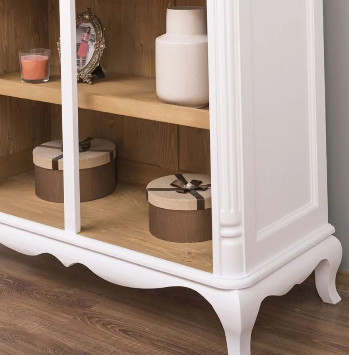 Landhausstil Regalschrank Weiß / Naturfarben 112 x 49 x H. 190 cm - Massivholz Bücherschrank - Wohnzimmerschrank - Büroschrank - Möbel im Landhausstil