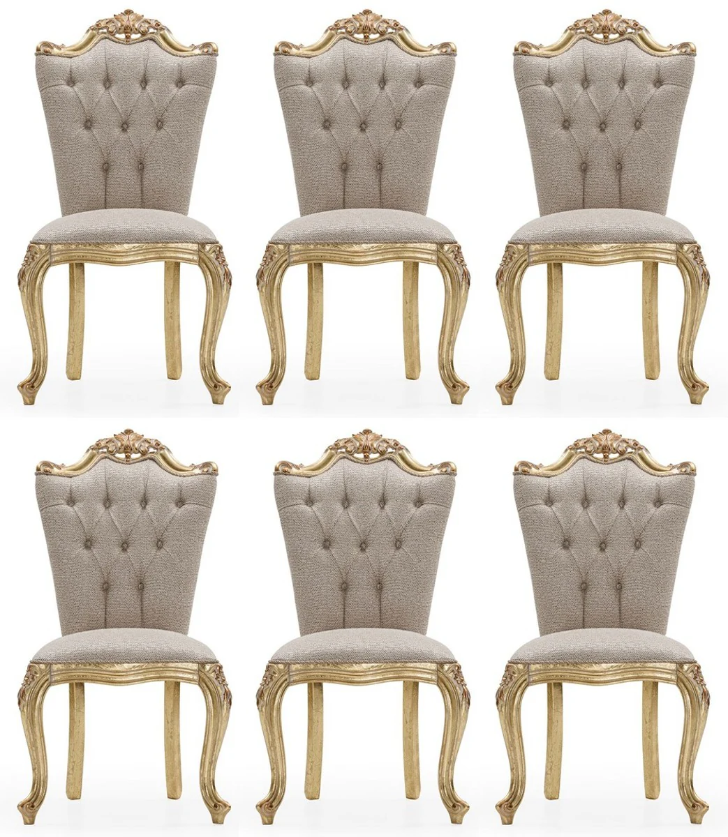 Luxus Barock Esszimmer Stuhl 6er Set Grau / Gold - Prunkvolle Barockstil Küchen Stühle - Luxus Esszimmer Möbel im Barockstil - Barock Esszimmer Möbel - Barockstil Möbel