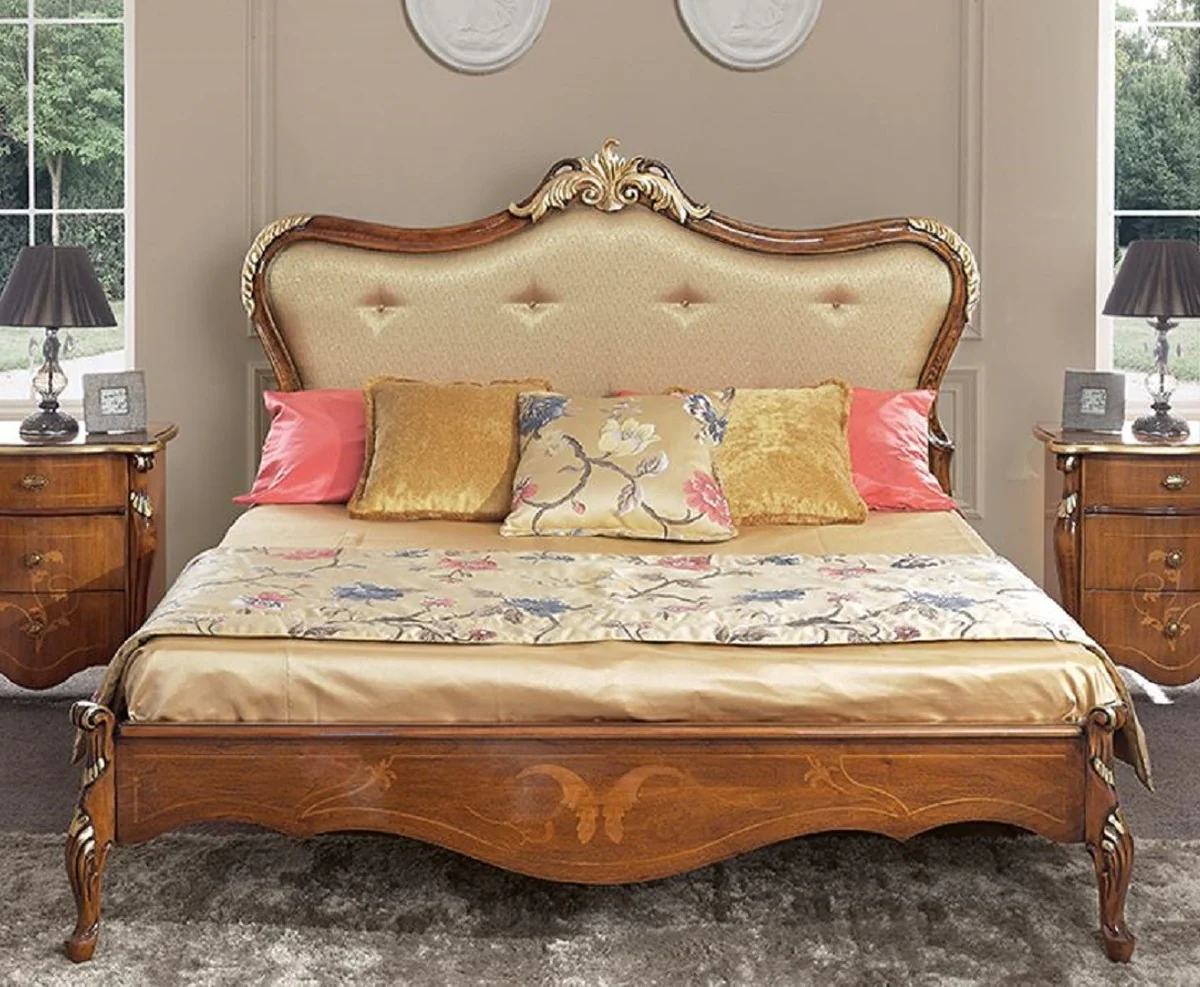 Luxus Barock Doppelbett Gold / Braun / Gold - Prunkvolles Massivholz Bett im Barockstil - Barock Schlafzimmer & Hotel Möbel - Luxus Qualität - Made in Italy