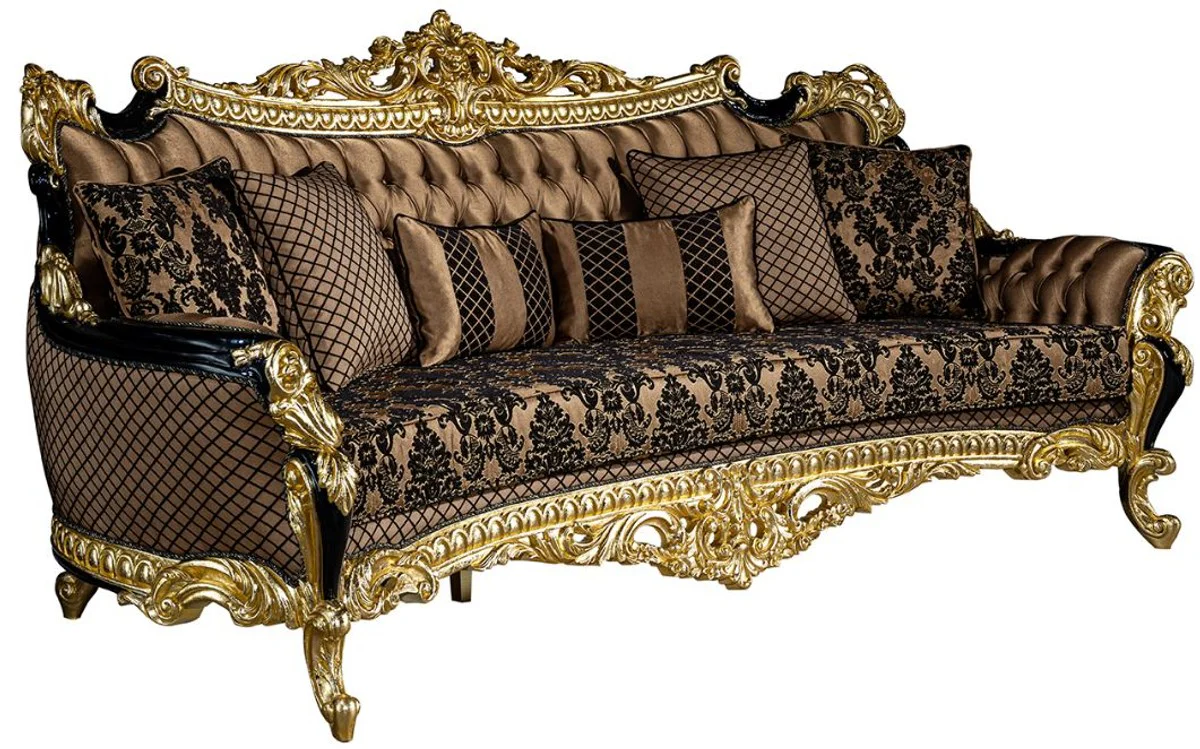 Luxus Barock Sofa Braun / Schwarz / Gold 260 x 110 x H. 117 cm - Prunkvolles Wohnzimmer Sofa mit dekorativen Kissen - Edle Barock Möbel