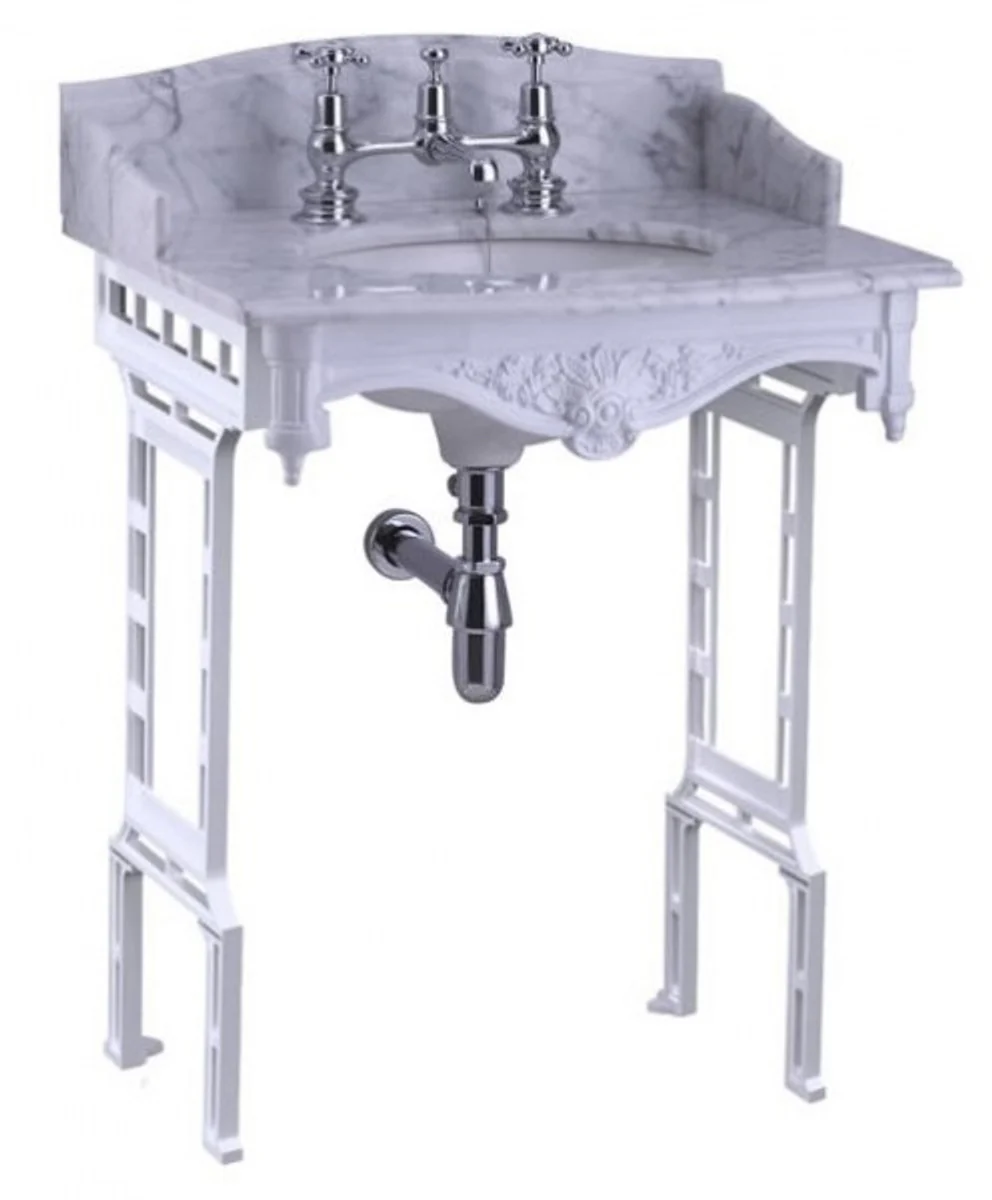 Luxus Jugendstil Stand Waschtisch Weiß / Weiß mit Marmorplatte mit Spritzschutz hinten und seitlich - Barock Waschbecken Barockstil Antik Stil