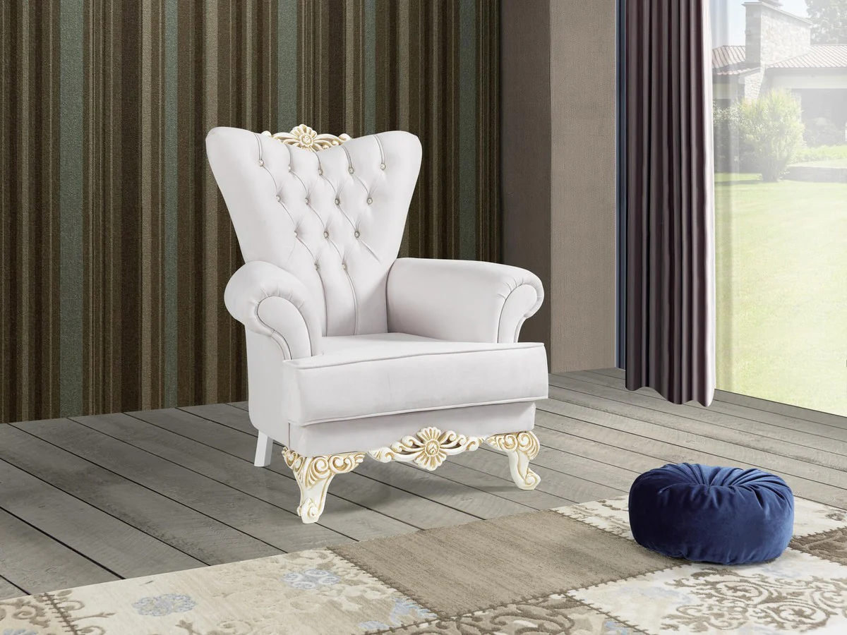 Barock Wohnzimmer Set Hellgrau / Weiß / Creme / Gold - 2 Sofas & 2 Sessel & 1 Couchtisch - Edle Wohnzimmer Möbel im Barockstil