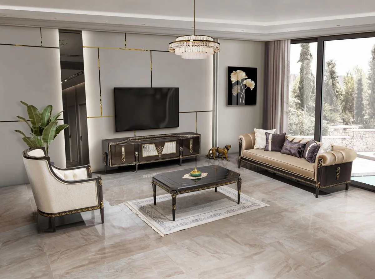 Luxus Barock Couchtisch Dunkelbraun / Gold 132 cm - Barock Möbel