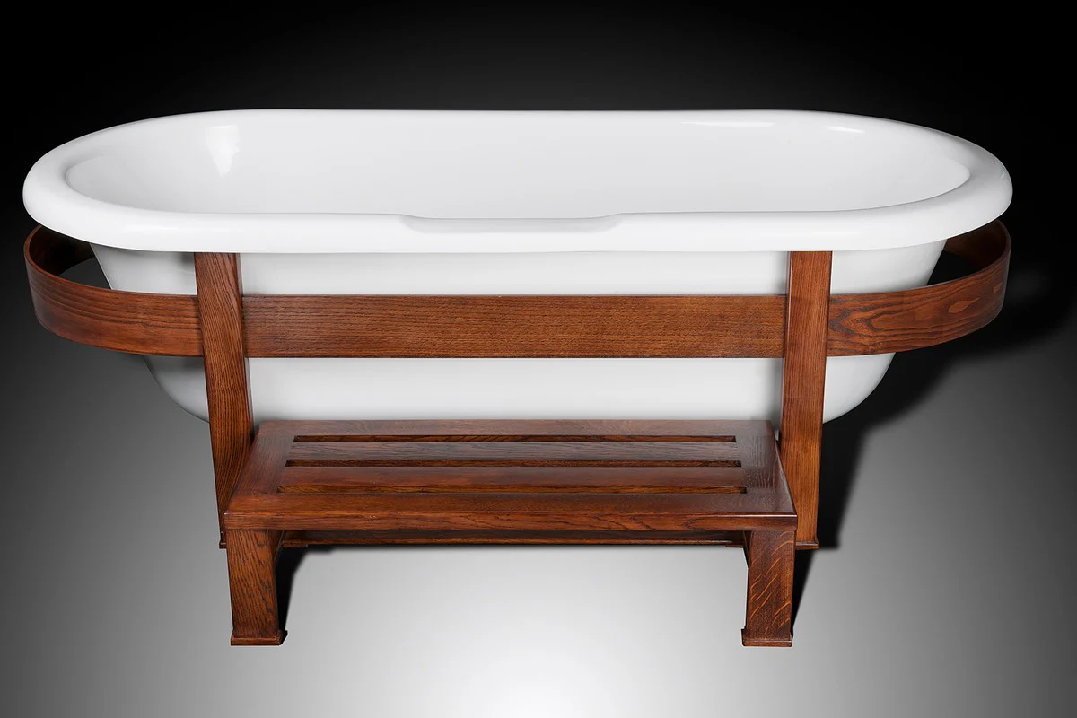 Luxus Retro Badewanne Weiß / Dunkelbraun 178 x 76 x H. 73 cm - Freistehende Badewanne mit Holzrahmen und Stufe - Retro Badezimmer Möbel