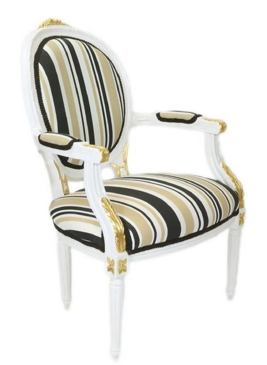 Barock Salon Stuhl Weiß / Gold / Mehrfarbig 50 x 50 x H. 105 cm - Gestreifter Barock Stuhl mit Armlehnen - Barock Möbel