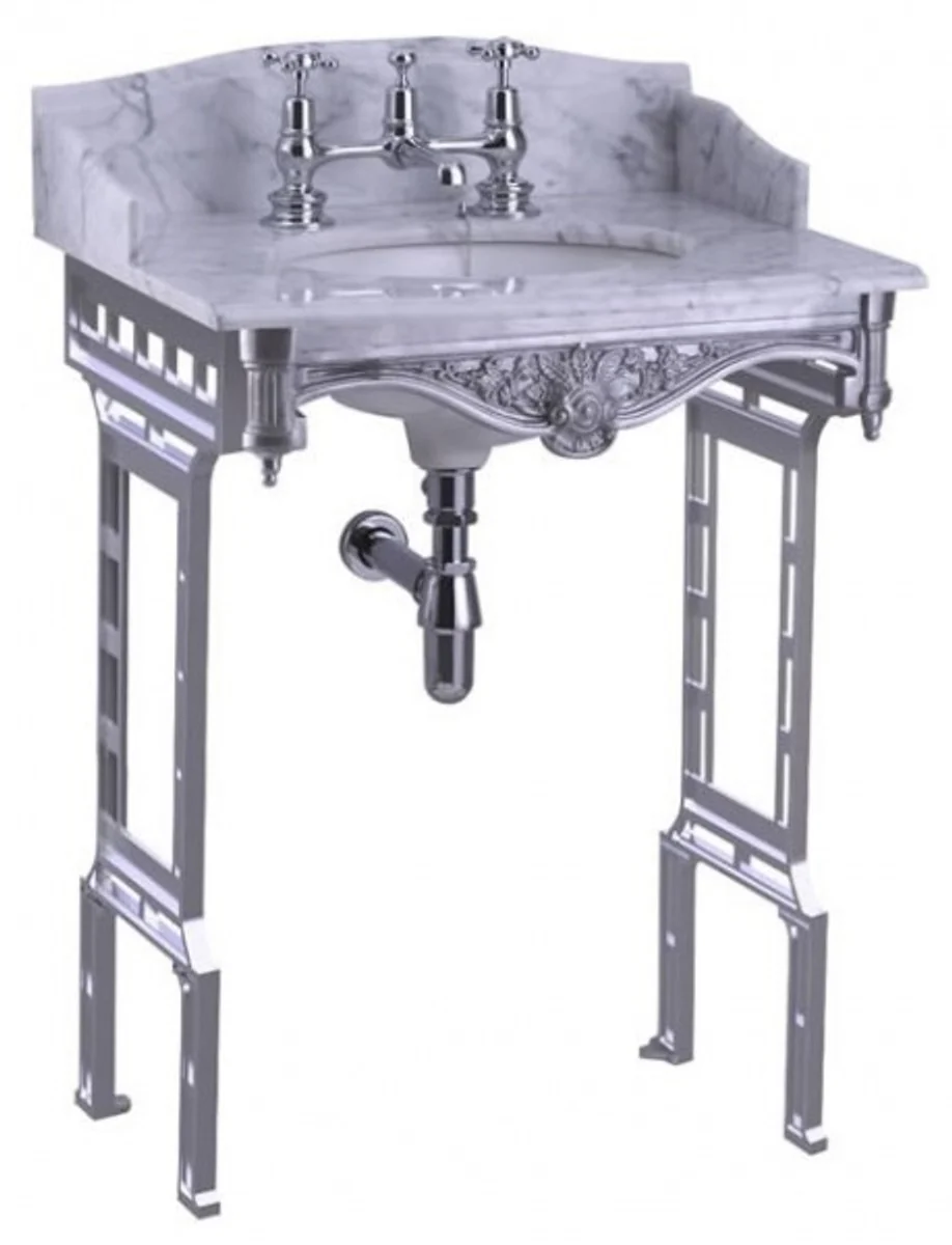 Luxus Jugendstil Stand Waschtisch Weiß / Aluminium mit Marmorplatte mit Spritzschutz hinten und seitlich - Barock Waschbecken Barockstil Antik Stil