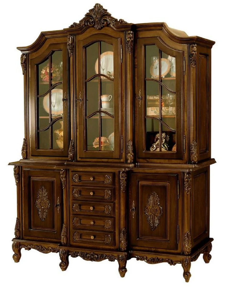 Luxus Barock Esszimmerschrank Dunkelbraun - Prunkvoller Massivholz Schrank mit 5 Türen und 5 Schubladen - Barock Esszimmer Möbel - Edel & Prunkvoll