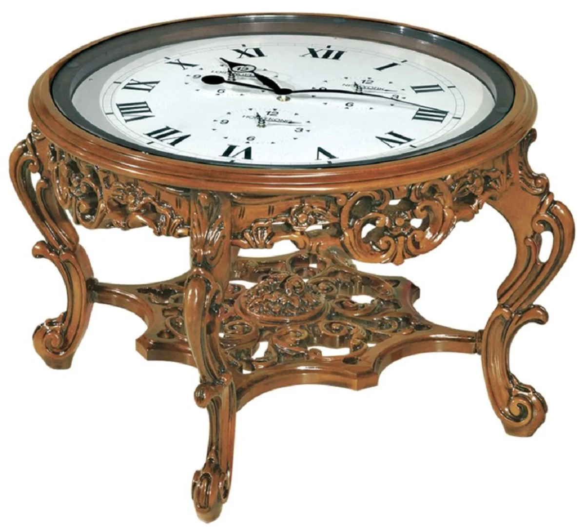 Luxus Barock Couchtisch mit Uhr Braun - Prunkvoller Barockstil Cocktailtisch - Barock Möbel - Barock Interior - Edel & Prunkvoll - Luxus Qualität - Made in Italy