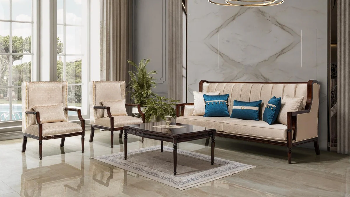 Luxus Barockstil Wohnzimmer Möbel Set Beige / Blau / Dunkelbraun