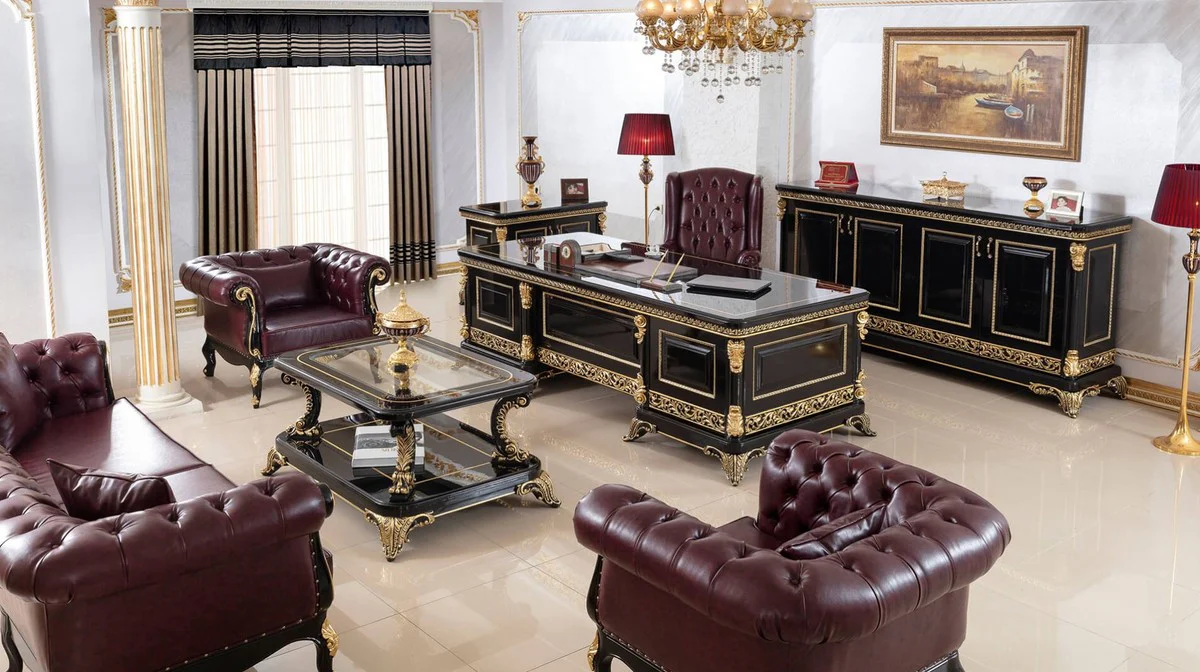 Luxus Barock Leder Bürostuhl Bordeauxrot / Schwarz / Gold - Höhenverstellbarer Echttleder Schreibtischstuhl - Luxus Büro Möbel im Barockstil - Barock Möbel - Barock Einrichtung