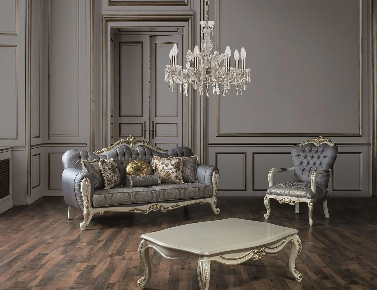 Luxus Barock Wohnzimmer Set Blau / Weiß / Gold - 2 Sofas & 2 Sessel & 1 Couchtisch - Möbel im Barockstil - Edel & Prunkvoll