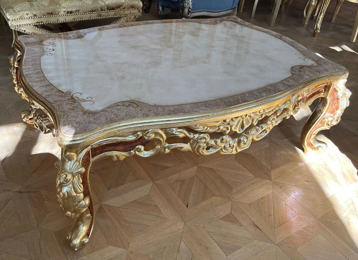Luxus Barock Couchtisch Weiß / Grau / Gold / Braun - Prunkvoller Massivholz Wohnzimmertisch im Barockstil - Prunkvolle Barock Möbel