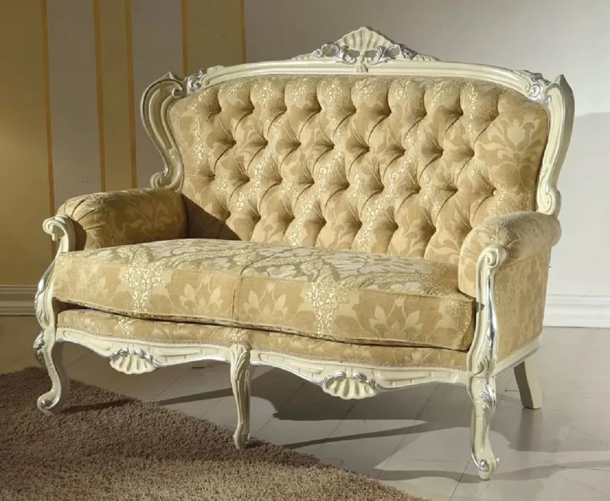 Luxus Barock Sofa Gold / Cremefarben / Silber - Edles Wohnzimmer Sofa mit elegantem Muster - Barock Möbel - Luxus Qualität - Made in Italy