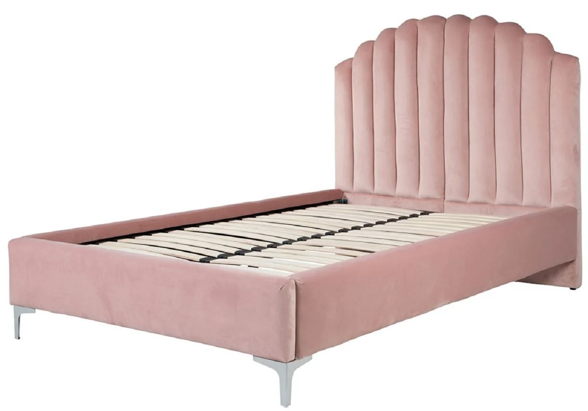 Luxus Art Deco Doppelbett Rosa / Silber 136 x 215 x H. 131 cm - Massivholz Bett mit edlem Samtstoff - Luxus Schlafzimmer Möbel - Hotel Möbel - Art Deco Möbel
