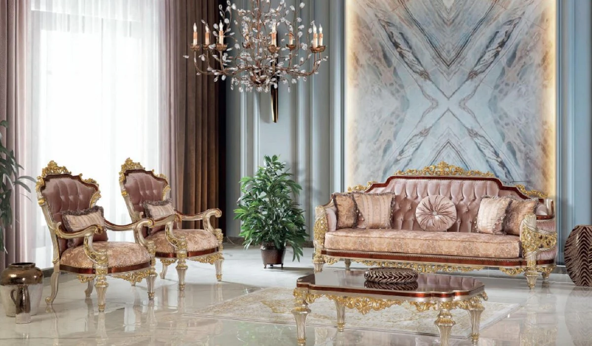 Luxus Barock Wohnzimmertisch Braun / Silber / Gold 120 x 88 x H. 44 cm - Edler Massivholz Couchtisch im Barockstil - Barock Wohnzimmer Möbel