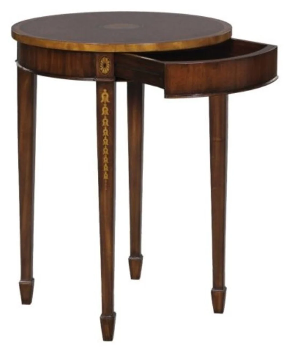 Luxus Jugendstil Mahagoni Beistelltisch Braun / Gold Ø 51 x H. 69 cm - Kleiner Runder Beistelltisch mit Schublade