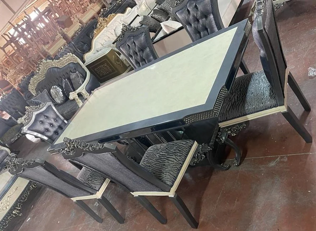 Luxus Barock Esszimmer Set Creme / Blau / Grau - 1 Barock Esstisch & 6 Barock Esszimmerstühle - Luxus Esszimmer Möbel im Barockstil - Prunkvolle Barock Esszimmer Möbel