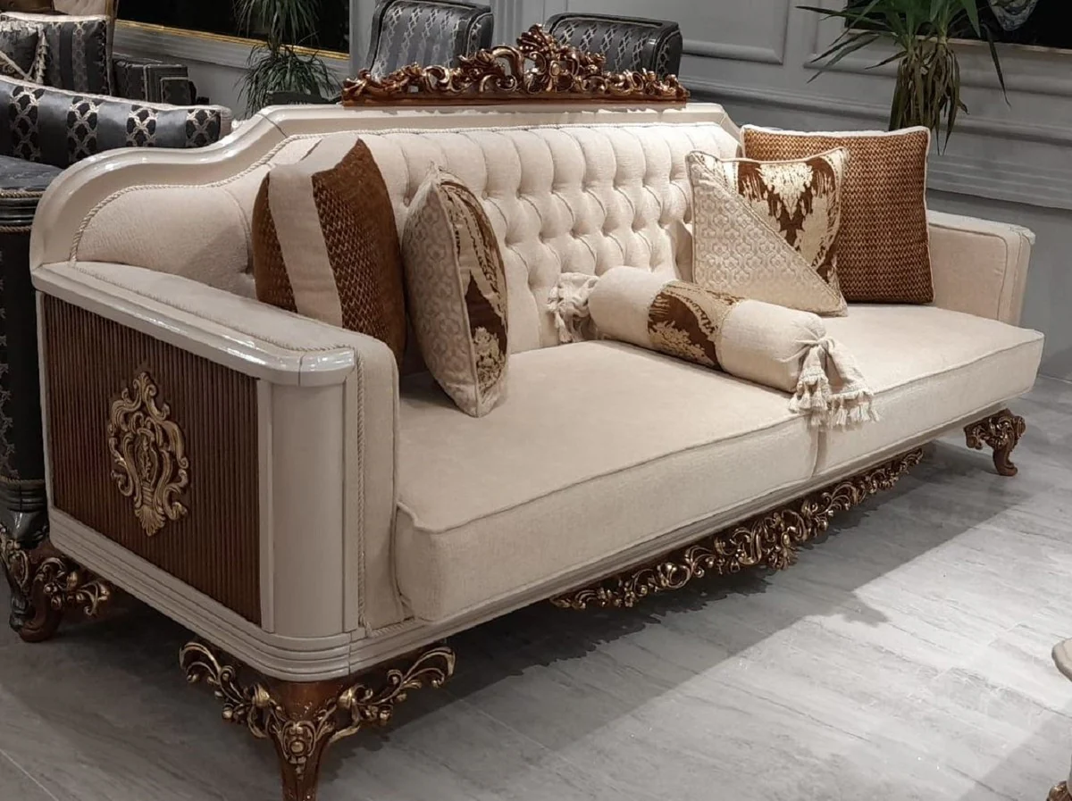 Luxus Barock Sofa Beige / Grau / Braun / Gold - Prunkvolles Wohnzimmer Sofa - Barock Wohnzimmer Möbel - Edel & Prunkvoll