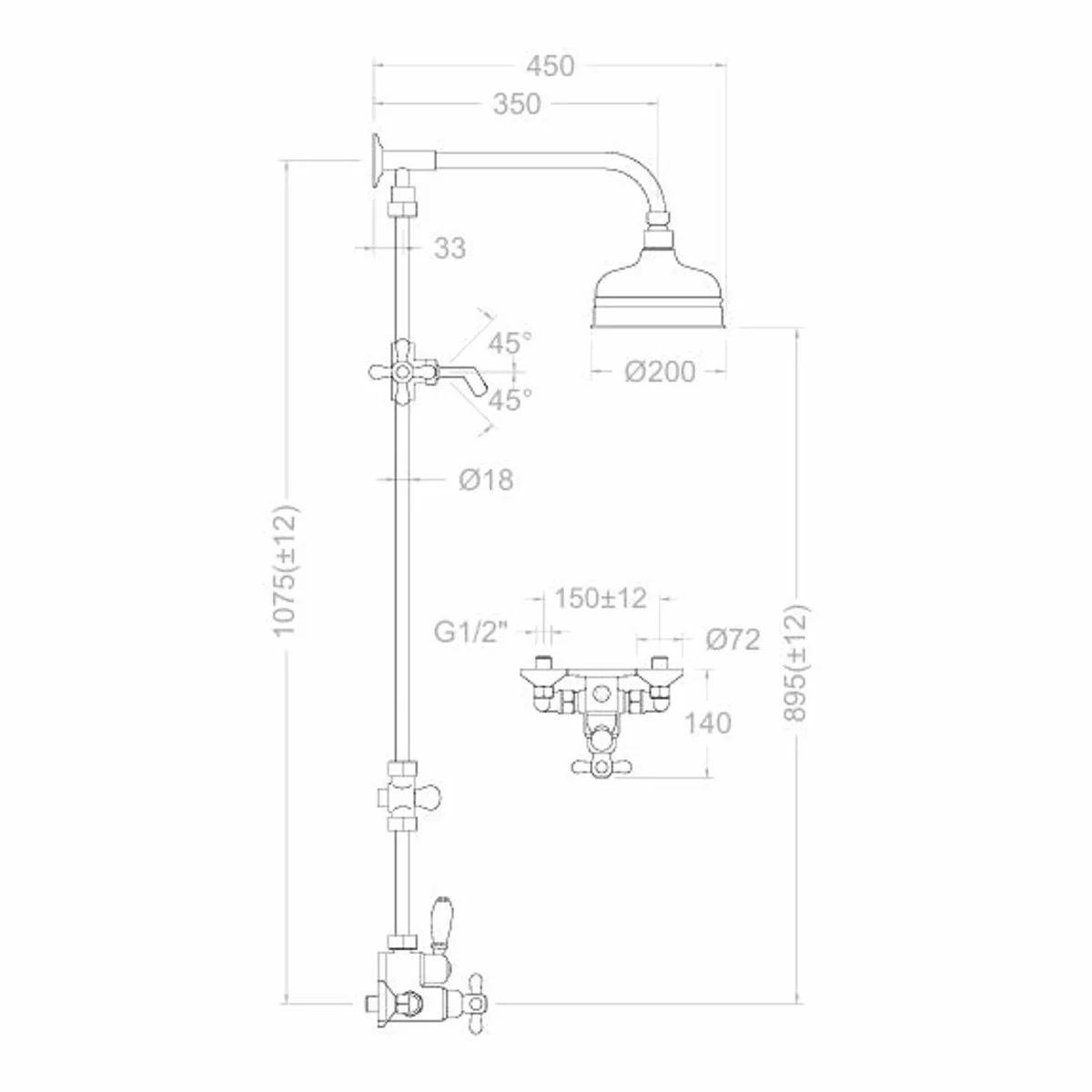 Jugendstil Duschgarnitur mit Überkopfbrause und Handbrause H. 107,5 cm