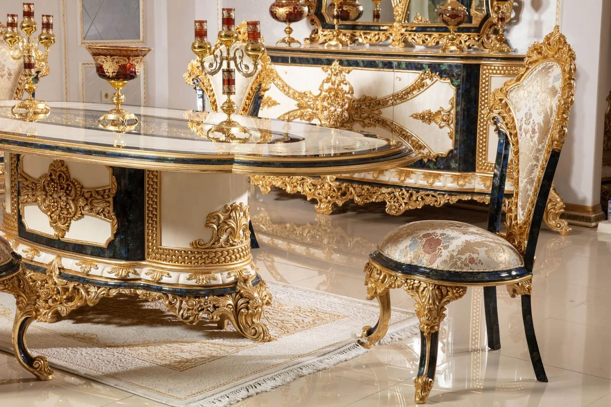 Luxus Barock Esszimmer Set Weiß / Mehrfarbig / Blau / Gold - 1 Barock Esstisch & 6 Barock Esszimmerstühle - Barock Esszimmer Möbel - Edel & Prunkvoll