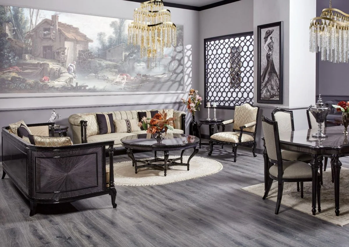 Luxus Barock Couchtisch Blau / Schwarz - Runder Massivholz Wohnzimmertisch im Barockstil - Luxus Wohnzimmer Möbel im Barockstil - Barock Möbel - Edel & Prunkvoll