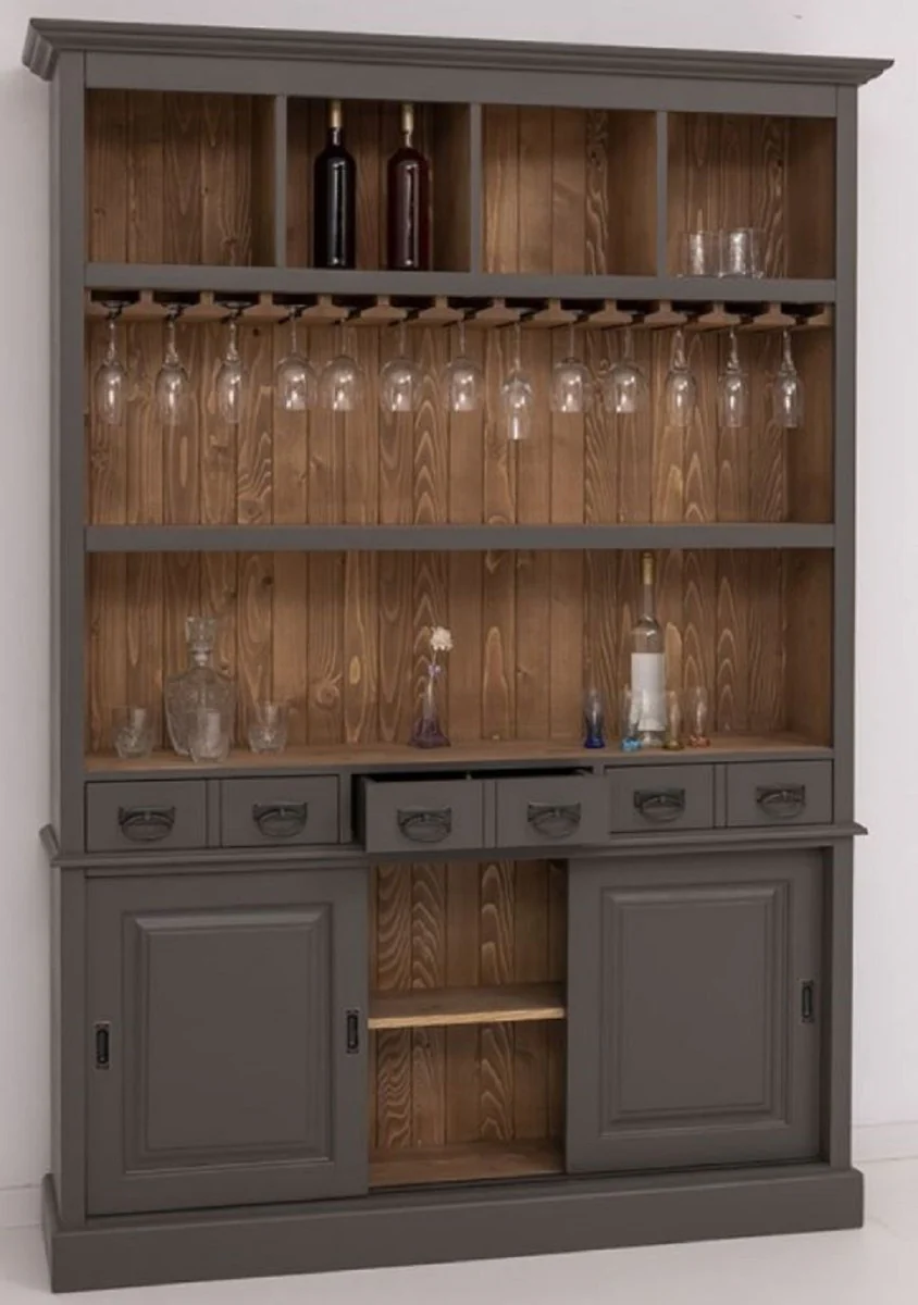 Landhausstil Massivholz Barschrank Dunkelgrau / Braun 151 x 36 x H. 210 cm - Massivholz Weinschrank im Landhausstil - Massivholz Bar Möbel - Landhausstil Bar Möbel