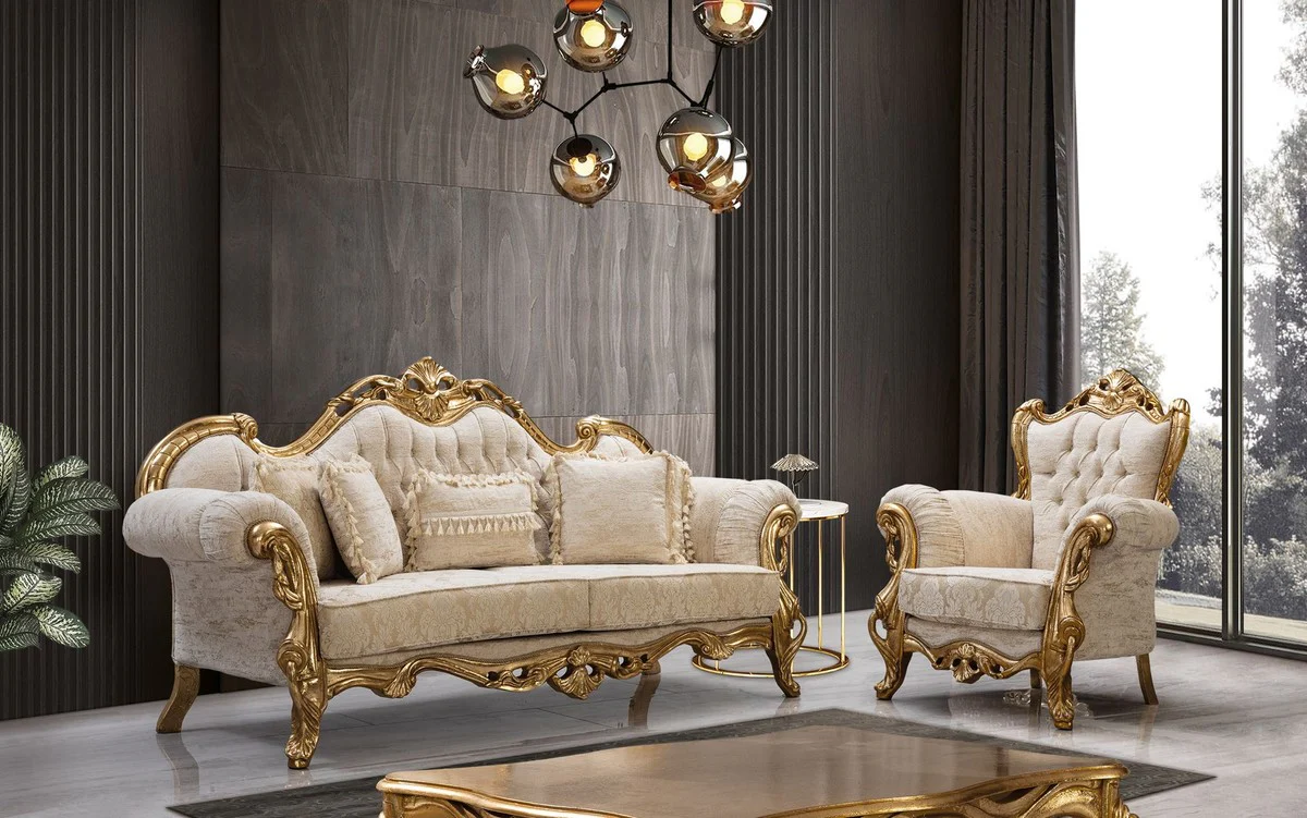 Luxus Barock Sofa Weiß / Gold 235 cm - Barock Wohnzimmer Möbel