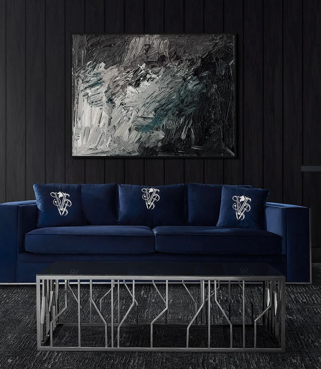 Luxus Couchtisch Silber / Schwarz 125 x 65 x H. 43 cm - Rechteckiger Edelstahl Wohnzimmertisch mit Glasplatte - Wohnzimmer Möbel - Luxus Qualität