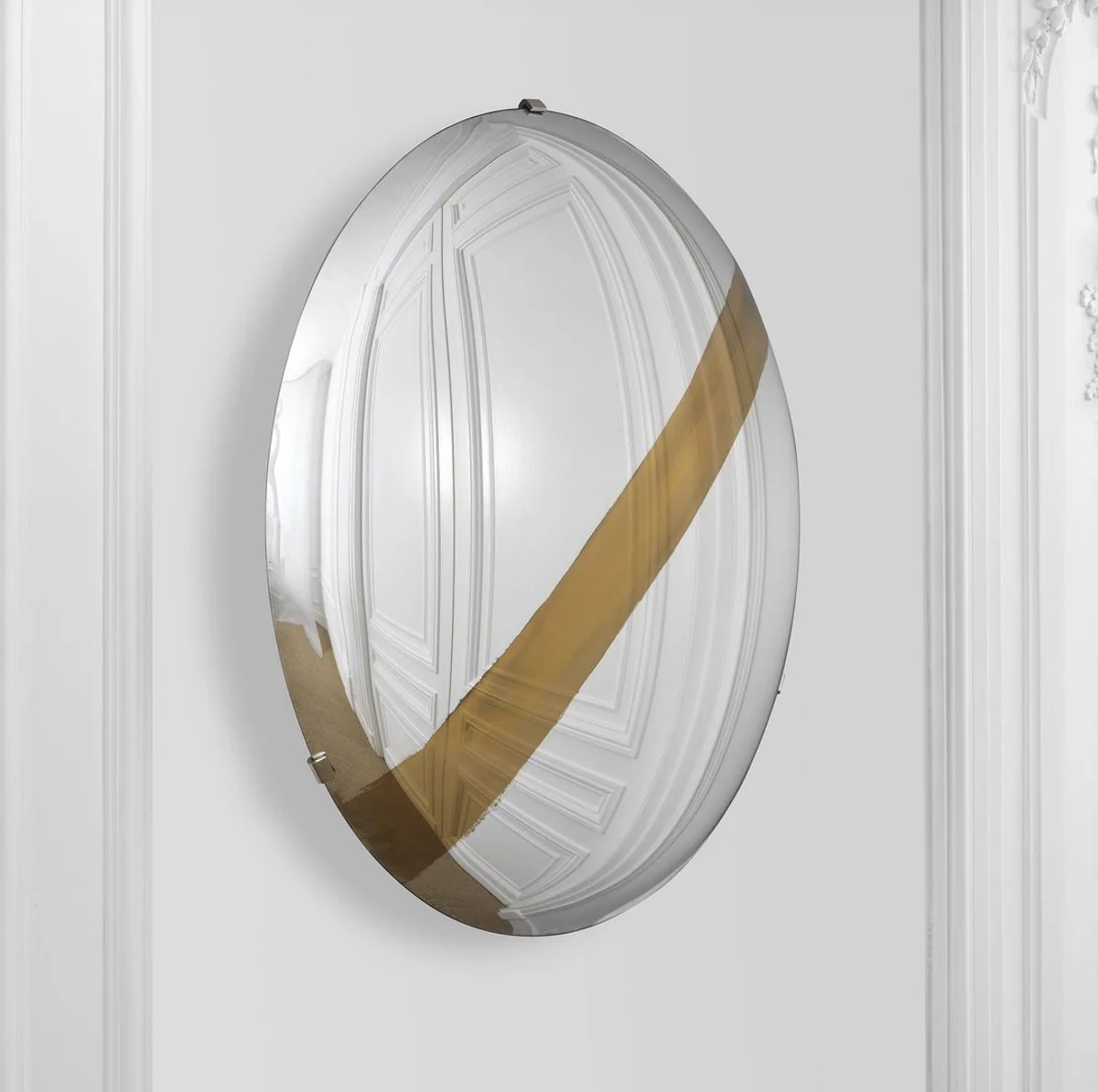 Luxus Spiegel mit goldenem Streifen Ø 119 cm - Runder konkaver Wandspiegel mit Wandhalterung - Luxus Kollektion
