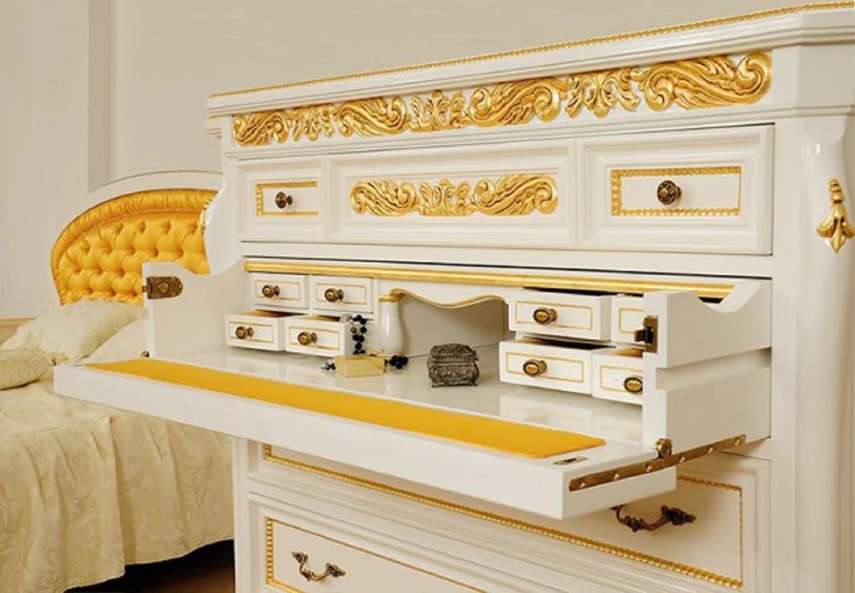 Luxus Barock Kommode Weiß / Gold - Prunkvolle Barockstil Schlafzimmer Kommode - Luxus Schlafzimmer Möbel im Barockstil - Barock Schlafzimmer Möbel