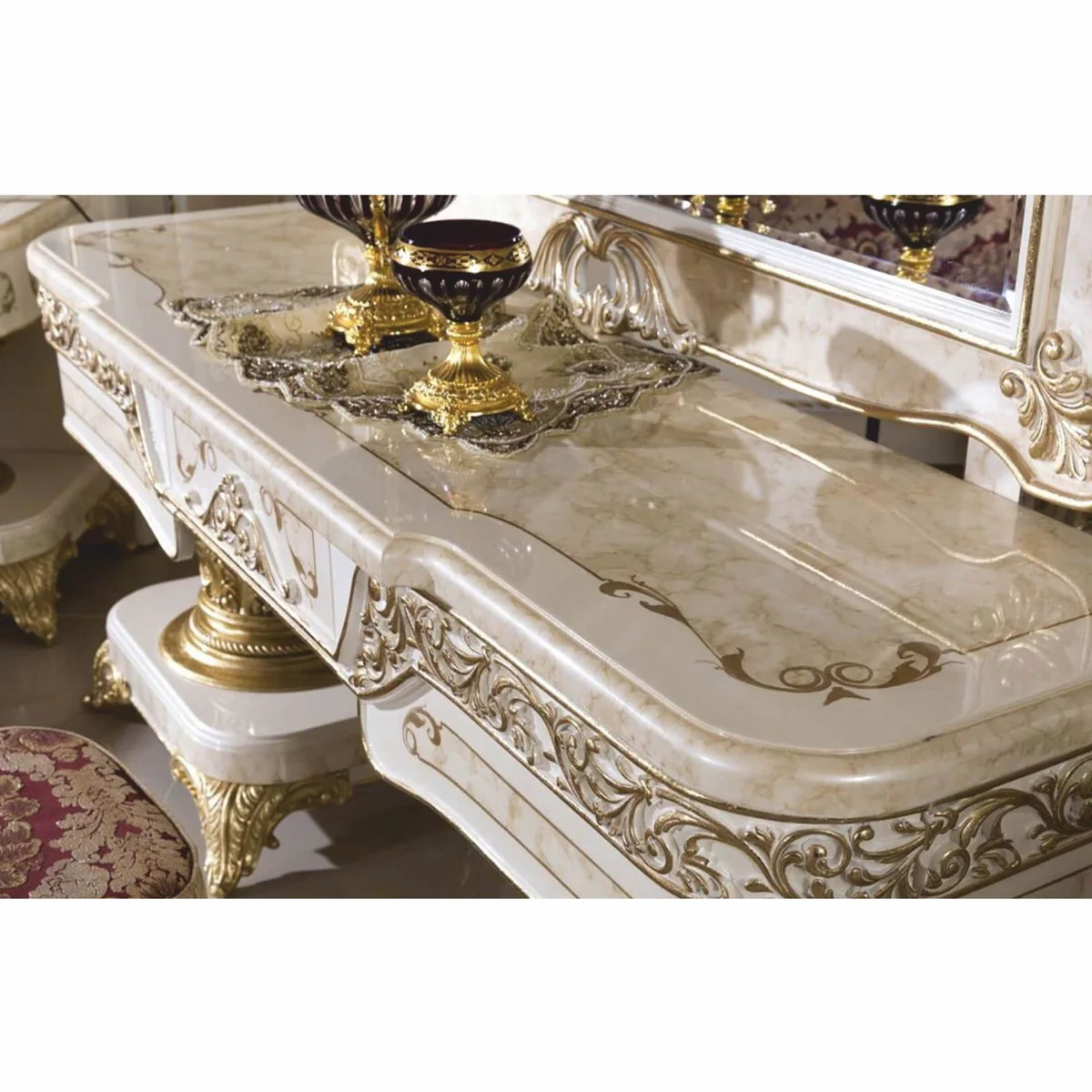 Luxus Barock Schminkkommoden Set Weiß / Beige / Gold - Barock Möbel