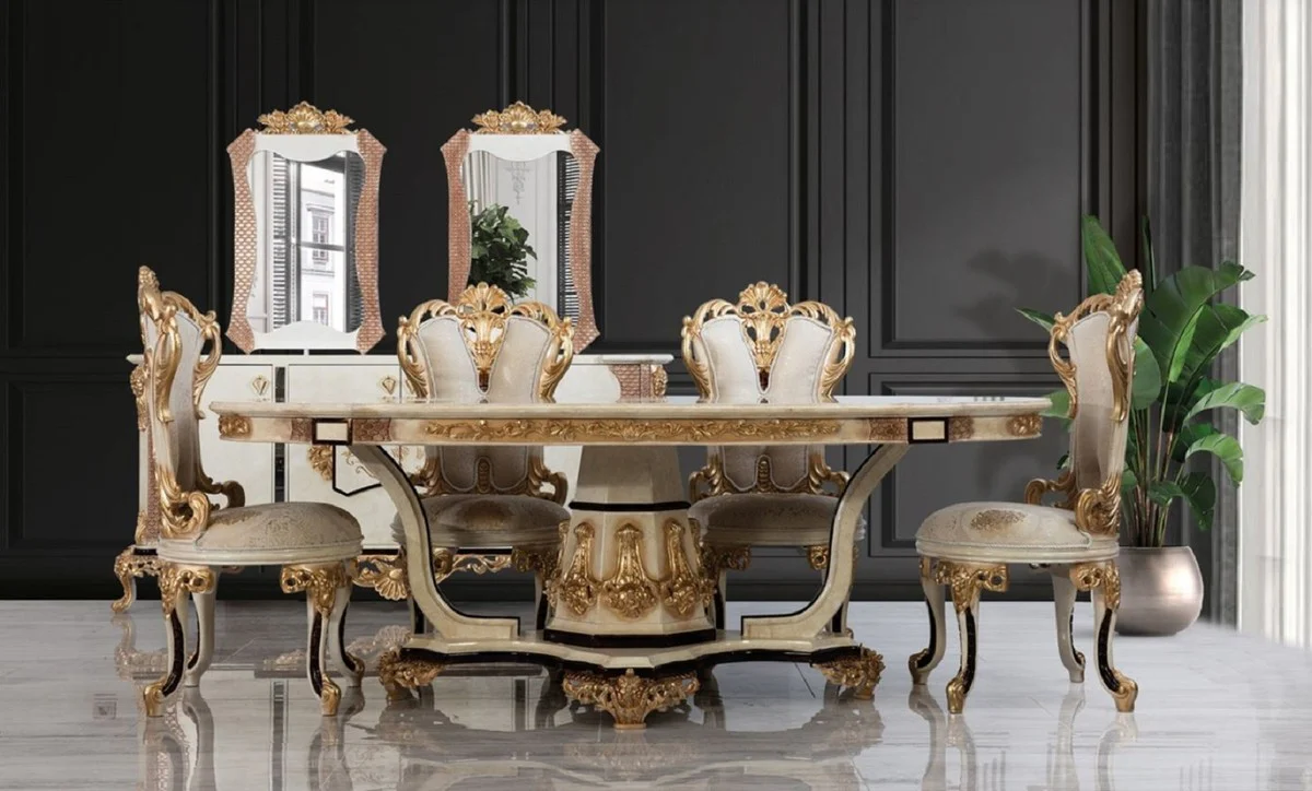 Luxus Barock Esstisch Creme / Beige / Schwarz / Gold - Ovaler Barockstil Küchentisch - Luxus Esszimmer Möbel im Barockstil - Barock Esszimmer Möbel - Barock Einrichtung