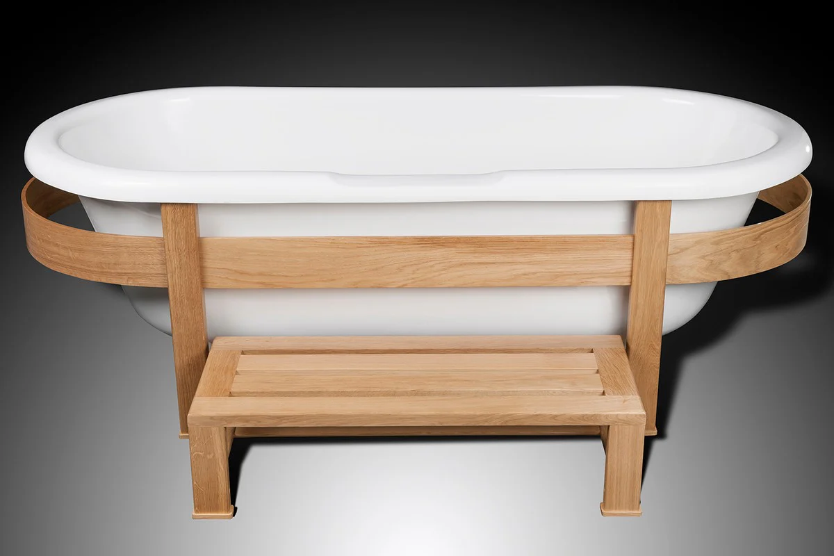 Luxus Retro Badewanne Weiß / Naturfarben 178 x 76 x H. 73 cm - Freistehende Badewanne mit Holzrahmen und Stufe - Retro Badezimmer Möbel