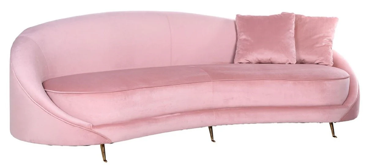 Luxus Samt Sofa Rosa / Gold 240 x 100 x H. 77 cm - Gebogenes Wohnzimmer Sofa mit 2 dekorativen Kissen - Luxus Wohnzimmer Möbel