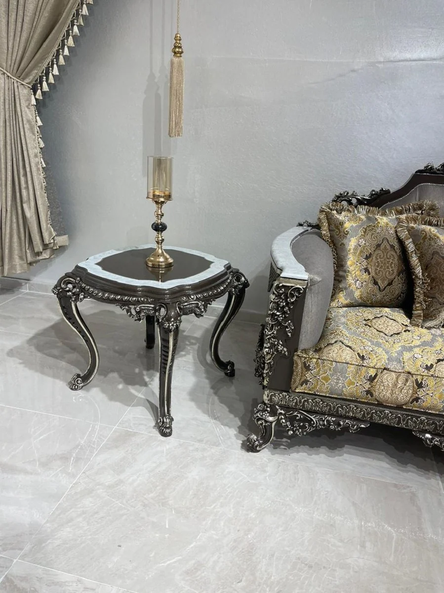 Luxus Barock Beistelltisch Schwarz / Weiß / Silber - Handgefertigter Massivholz Tisch im Barockstil - Luxus Wohnzimmer Möbel im Barockstil - Barock Möbel - Edel & Prunkvoll
