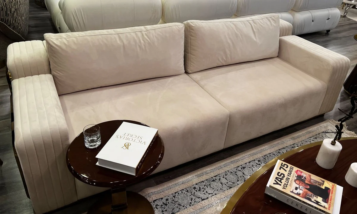 Luxus Sofa Creme / Braun / Gold 247 x 100 x H. 70 cm - Wohnzimmer Sofa - Hotel Sofa - Wohnzimmer Möbel - Hotel Möbel - Luxus Möbel - Luxus Einrichtung - Wohnzimmer Einrichtung