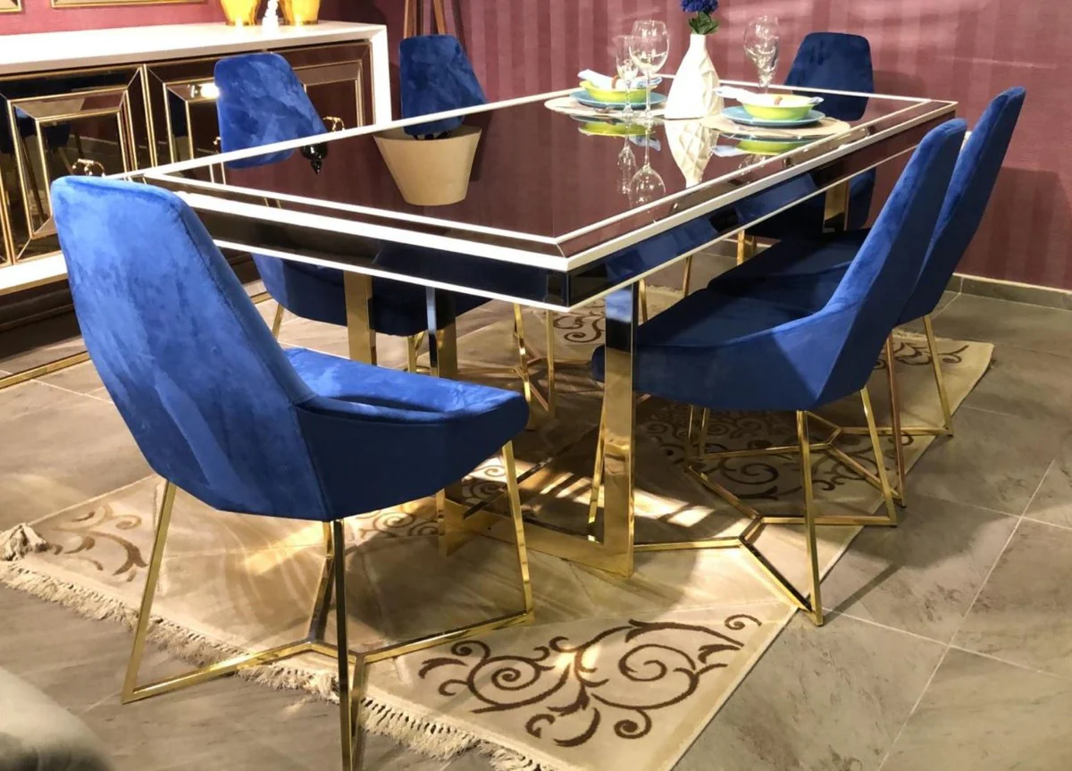 Luxus Esszimmer Set Blau / Weiß / Gold - 1 Esszimmertisch & 6 Esszimmerstühle - Luxus Esszimmer Möbel