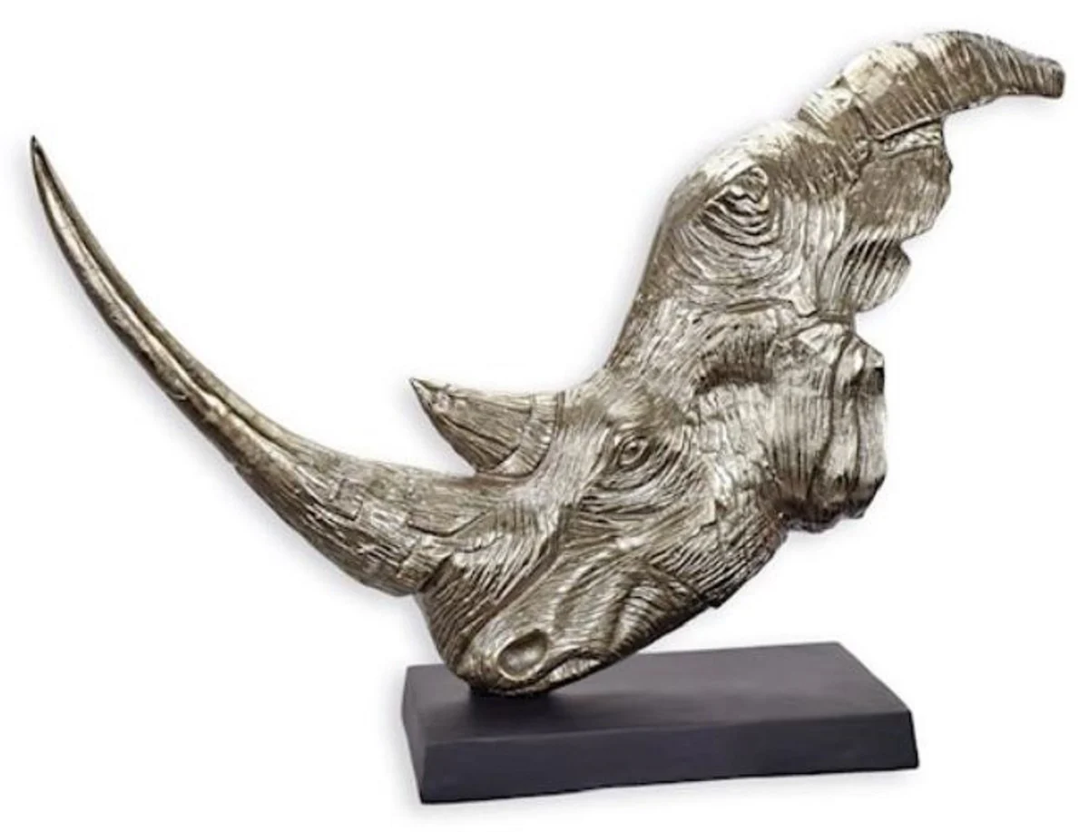 Luxus Aluminium Deko Skulptur Nashornkopf Silber / Schwarz 93,5 x 22,5 x H. 67 cm - Aluminium Deko Figur mit Holzsockel - Wohnzimmer Deko - Schreibtisch Deko
