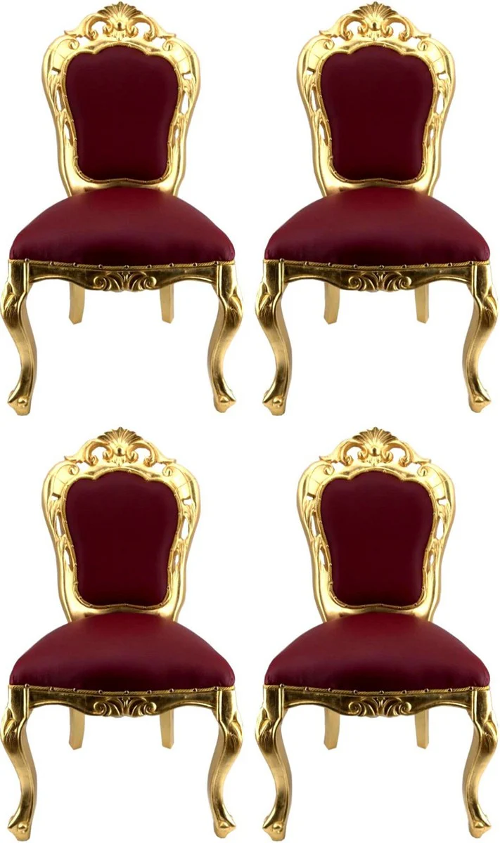 Luxus Barock Esszimmerstuhl Set Bordeauxrot / Gold - 4 handgefertigte Esszimmerstühle mit Lederoptik - Barock Esszimmer Möbel