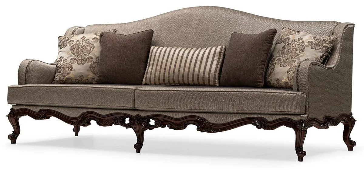 Luxus Barock Wohnzimmer Sofa Silber / Braun - Handgefertigtes Barockstil Sofa mit dekorativen Kissen - Luxus Wohnzimmer Möbel im Barockstil - Barock Möbel - Edel & Prunkvoll