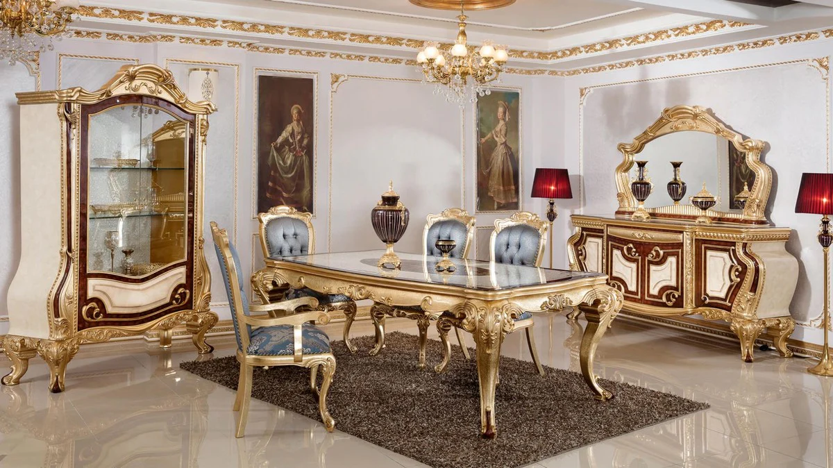 Luxus Barock Esszimmer Set Blau / Weiß / Braun / Gold - 1 Barock Esstisch & 6 Barock Esszimmerstühle - Barock Esszimmer Möbel - Luxus Möbel im Barockstil - Edel & Prunkvoll